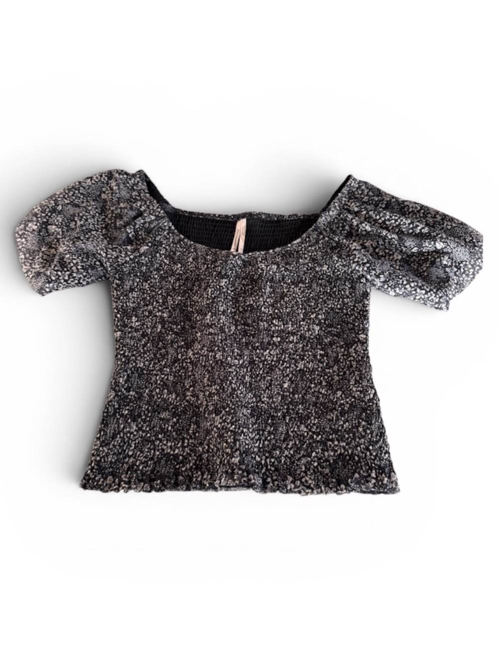 Anthropologie Smocked Puff Sleeve Floral Crop Top Size Small Black Beige